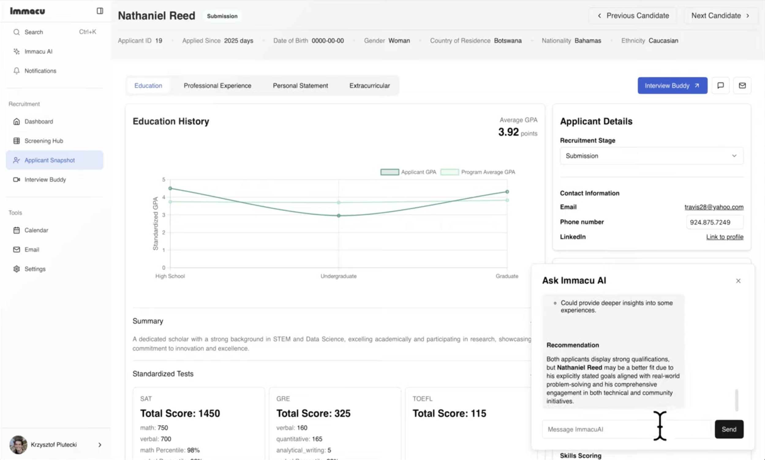 Immacu AI recruitment platform screenshot